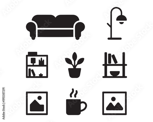 Modern Living Room Icon Set with Sofa, Floor Lamp, Bookshelf, Plant, Wall Art Frames and Coffee Cup in Black Flat Minimal Silhouette Style