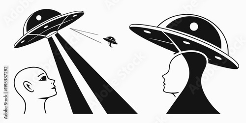 Illustration of a person being abducted by a ufo while another person wears a ufo hat Vector
