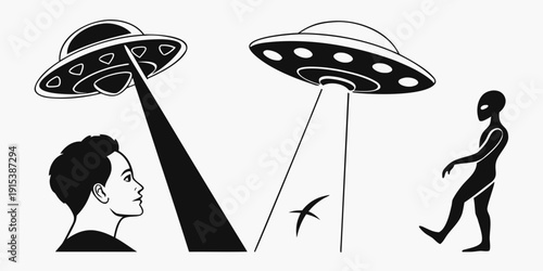 A man watching two flying saucers hovering over him in a dark sky. Vector