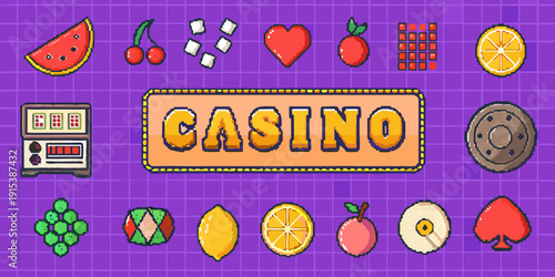 Pixel art casino design featuring fruit slot machines and playing card symbols