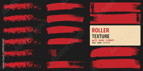 Abstract red brush strokes and paint roller texture design elements