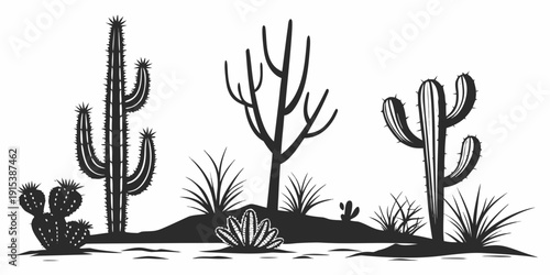 Three distinct cacti stand tall in a desert landscape with various plants Vector