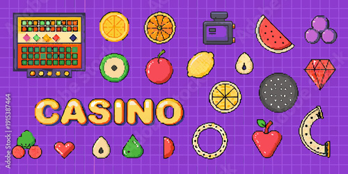 Pixel art casino elements including fruit slot machine and gemstones