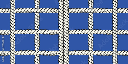 A close up of a blue background with a white rope grid pattern
