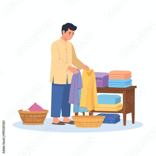 Man organizing laundry in baskets on a wooden table at home