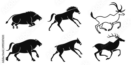 Ancient cave paintings depicting various animals in a prehistoric setting Vector