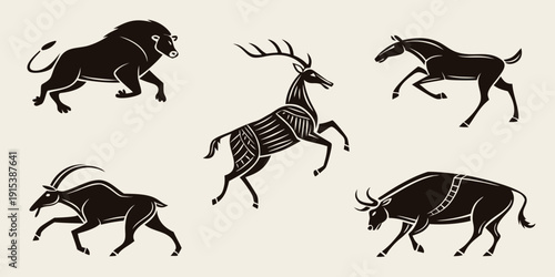 A variety of animals including a bull, deer, and rhinoceros in silhouette form Vector