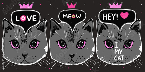 Three cute gray cats with speech bubbles and playful text designs