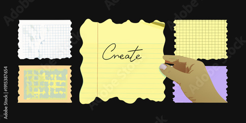 Torn paper with the word create and a hand holding a pen