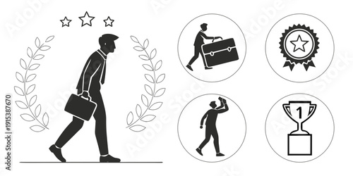 A person walking with various icons representing achievements and goals around them. Vector