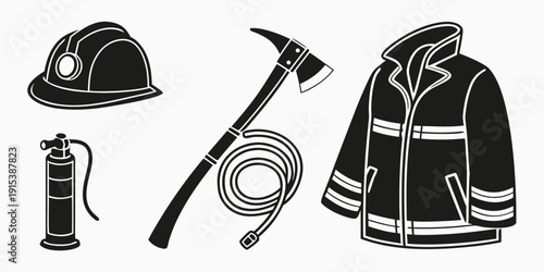 Firefighter equipment including helmet, lantern, pickaxe, gloves, and jacket Vector