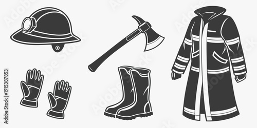 Firefighter equipment and tools displayed in a row Vector