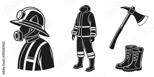 Firefighters in protective gear with axe and boots ready for action Vector
