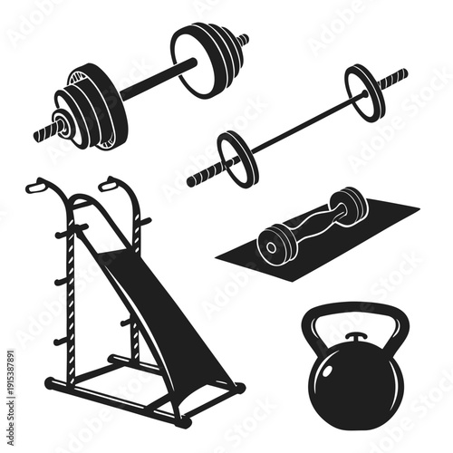 A variety of fitness equipment including dumbbells, a kettlebell, a weight bench, and resistance bands. Vector