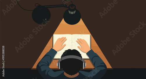 Focused person in headphones reading an open book under a desk lamp's light, seen from above, symbolizing quiet study, deep concentration, and dedicated learning.