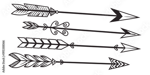 A collection of four distinct arrows, each with unique designs and patterns. Vector