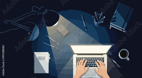 Top-down view of hands typing on a laptop keyboard at a desk, illuminated by a desk lamp in a dark room, symbolizing late-night work, study, or remote productivity.