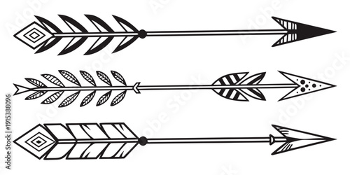 A set of three arrows with intricate feather fletching designs pointing to the right Vector