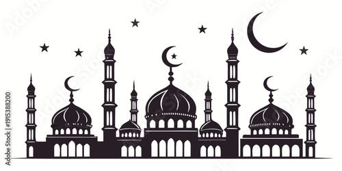 Silhouette of a city skyline with mosques under a starry night sky and a crescent moon Vector