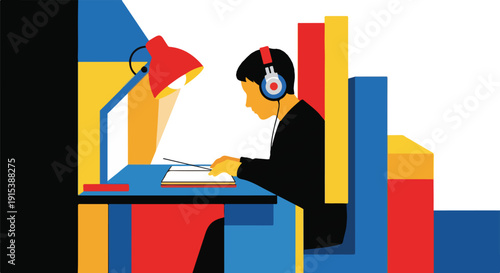 Young man studying with headphones at a desk, engaged in online learning or creative work in a vibrant, modern flat illustration style.