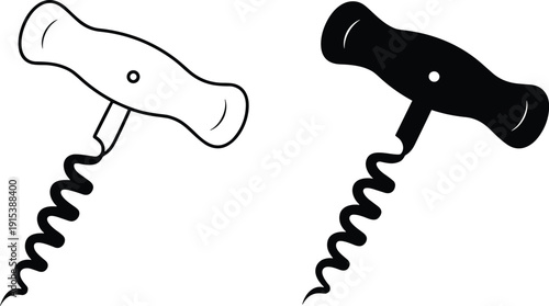 Minimalist Corkscrew Wine Opener Icon Set with Wooden Handle and Spiral Screw, Outline and Solid Black Vector Isolated on White Background