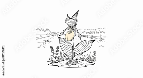 A detailed drawing of a lady slipper orchid in a rural landscape