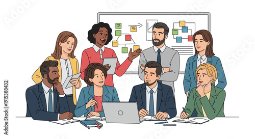 Diverse team collaborating on project with laptop and whiteboard