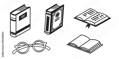 A collection of books, an open book, and a magnifying glass on a table. Vector
