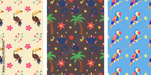 Three seamless patterns featuring tropical birds flowers and palm trees