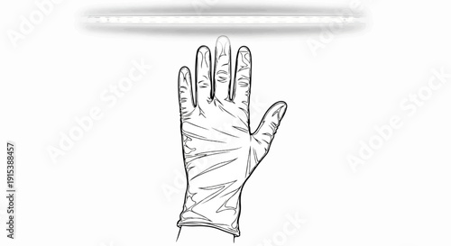 A hand wearing a surgical glove reaches up towards a glowing light fixture