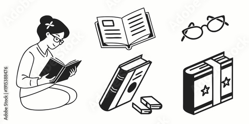 A student studying with books, laptop, and glasses on a desk. Vector