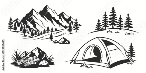Illustration of various camping equipment and nature elements Vector