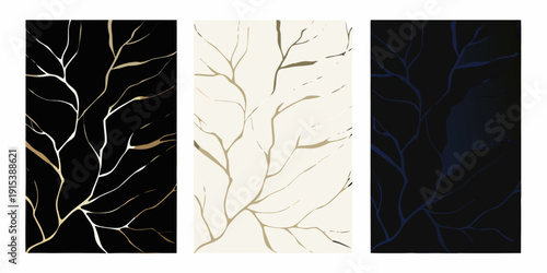 Abstract triptych featuring branching gold and blue lines on dark backgrounds