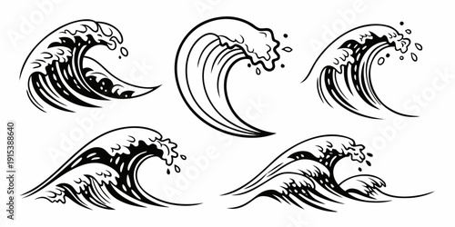 A collection of five different wave patterns illustrated in black and white. Vector