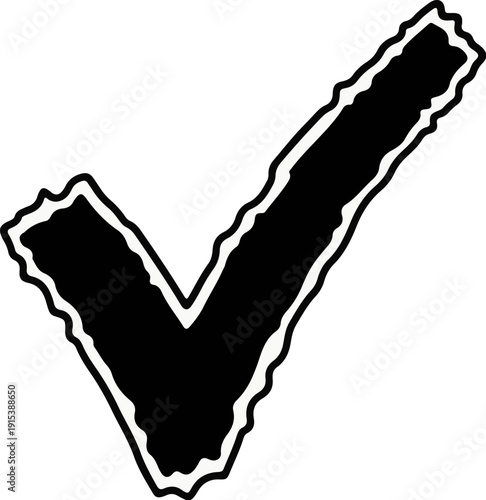 A hand-drawn black checkmark with a white outline on a white background