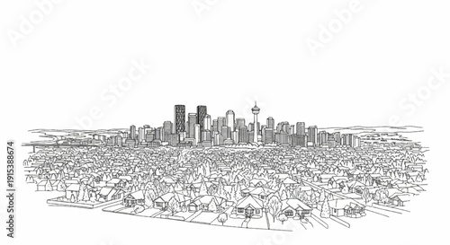 A detailed black and white sketch of a sprawling cityscape with suburban homes in the foreground and skyscrapers in the distance