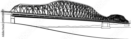 A detailed black and white sketch of a large steel truss bridge spanning water