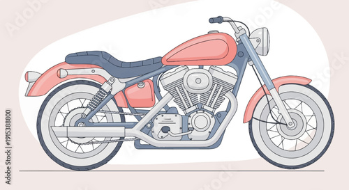 A cartoon-style illustration of a vintage motorcycle in a coral pink and grey palette