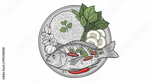 A detailed illustration of a whole fish dish with rice, herbs, garlic, and peppers