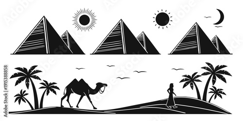 A journey through time and landscapes with camels and palm trees Vector