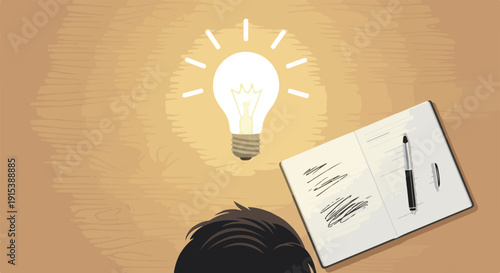 Overhead view of a person's head and shoulders looking at a glowing lightbulb, symbolizing a new idea, with a notebook and pen ready to capture thoughts.
