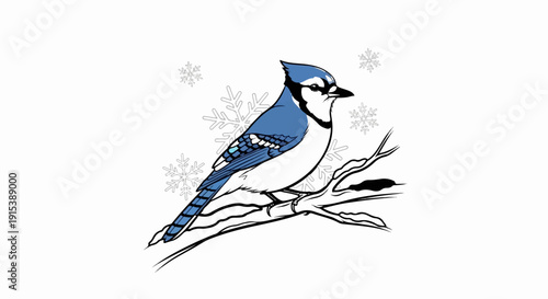 A blue jay sits on a bare branch surrounded by snowflakes