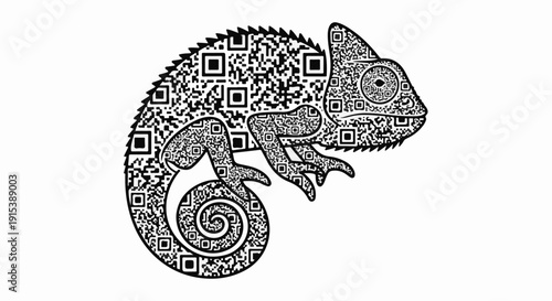 A chameleon-shaped graphic composed entirely of black and white QR codes
