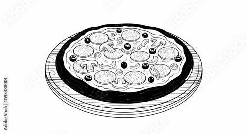 A hand-drawn illustration of a pizza with pepperoni, mushrooms, and olives on a wooden board