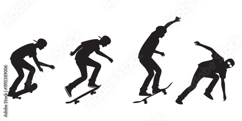 A sequence of a person performing various skateboarding tricks on a skateboard. Vector