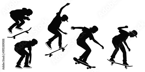 Silhouettes of people performing various skateboarding tricks on a flat surface Vector