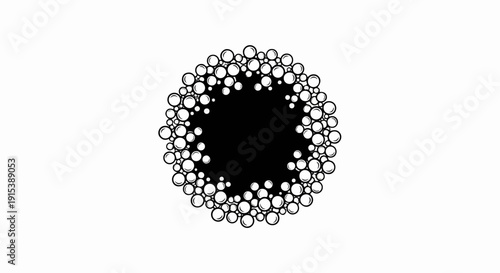 A black void surrounded by a cluster of varying size, outline bubbles