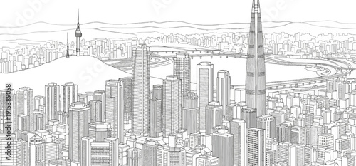 A detailed line drawing depicts a sprawling cityscape with towering skyscrapers and a distant mountain