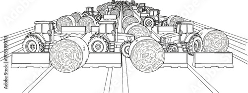 A detailed line drawing depicts an endless procession of agricultural tractors and hay bales