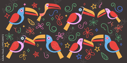 Colorful toucan pattern with tropical leaves and whimsical star accents